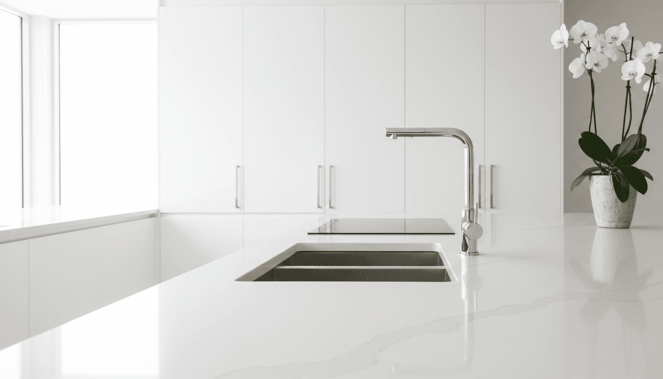 Clean modern kitchen counter and sink gleaming in natural light with professional shine
