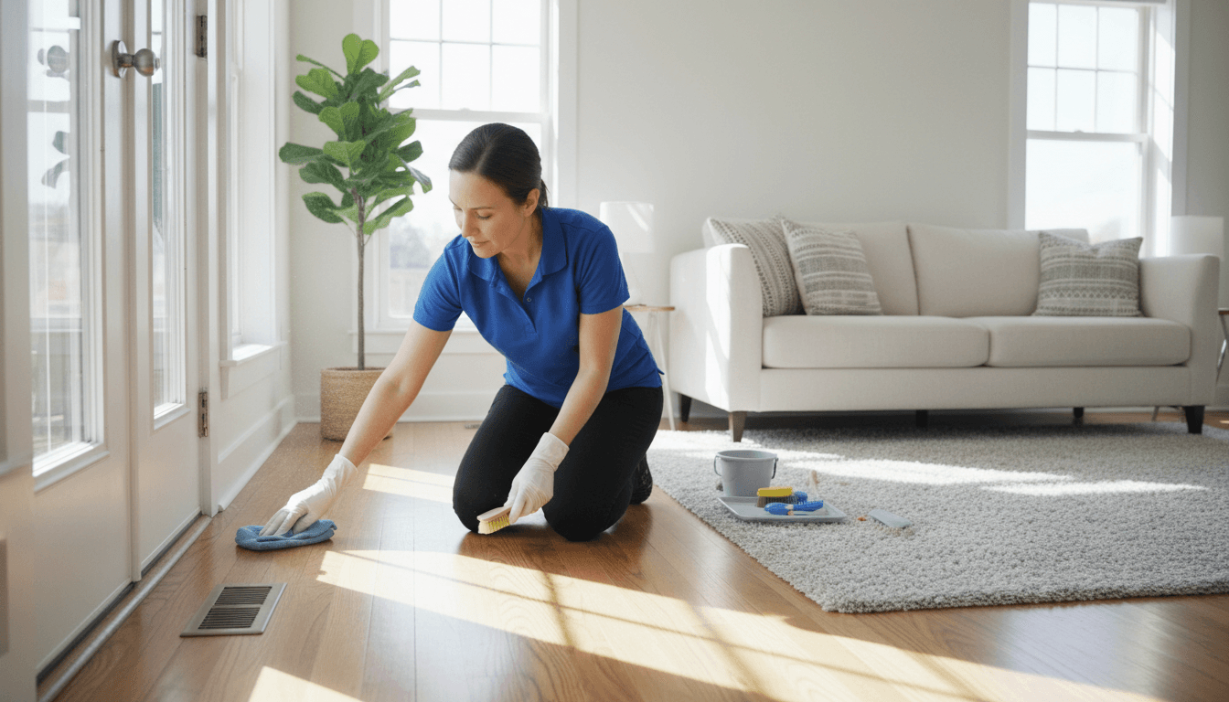 Cleaner dusting baseboards and door frames in a bright living room