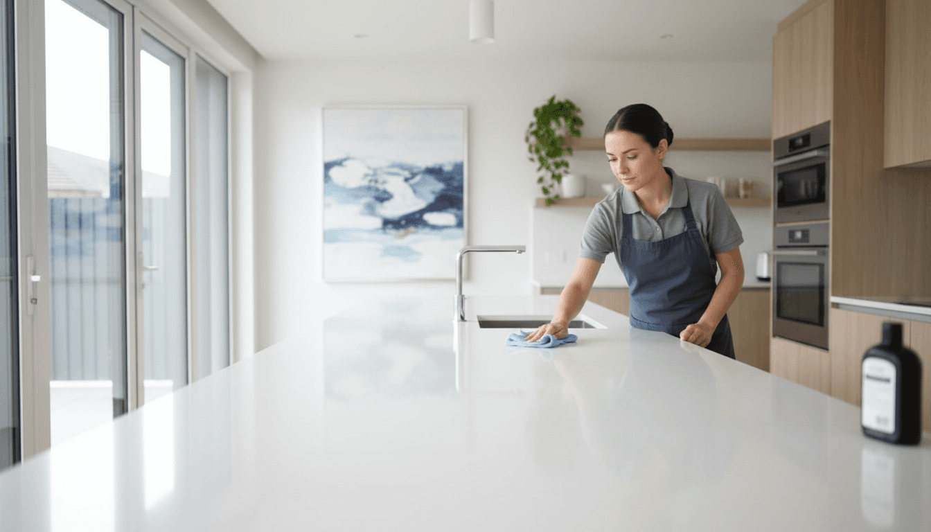 Professional cleaner wiping a bright modern kitchen counter