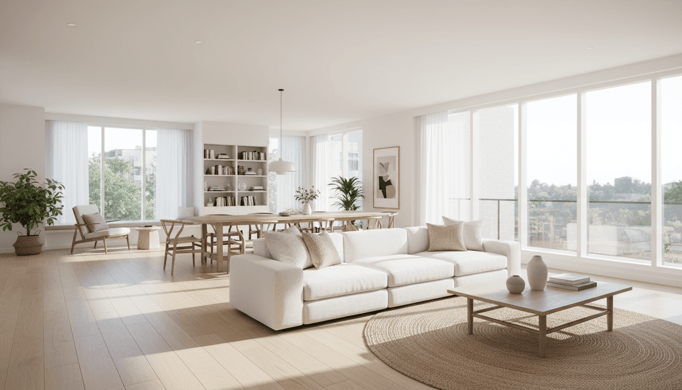 Bright, clean living room with sunlight and gleaming floors