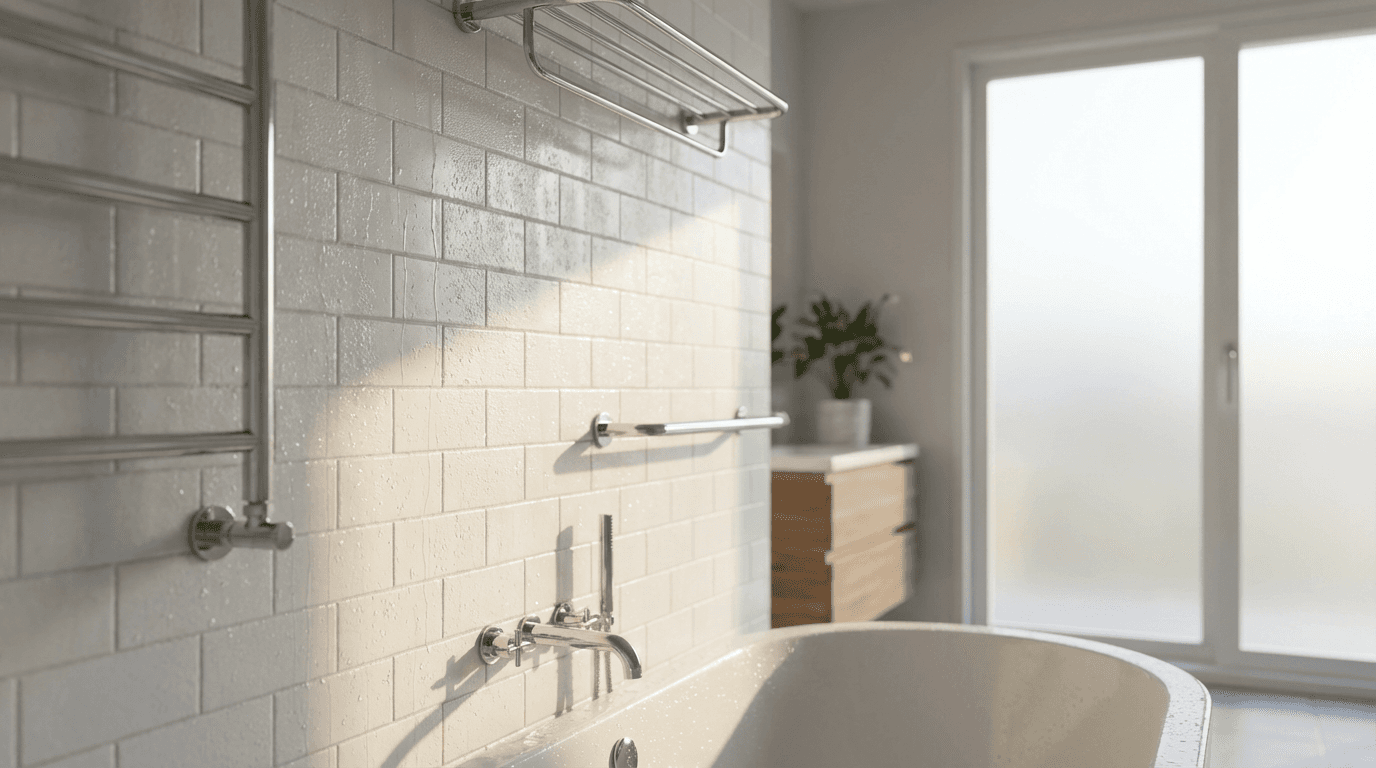 Clean white bathroom tile shower with fresh grout and natural light