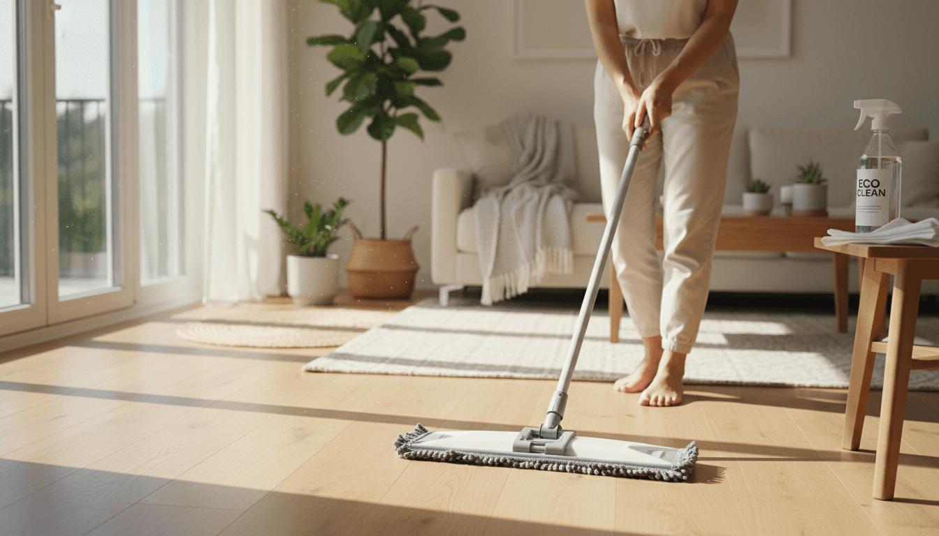 Mop cleaning hardwood floor in bright living room with natural light